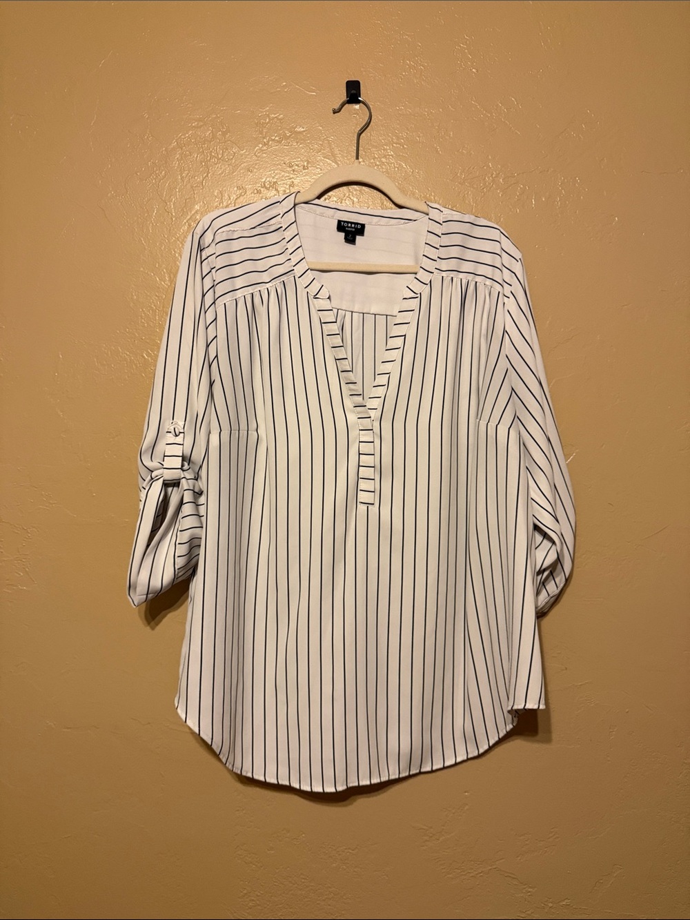 torrid White Blouse with Black Pinstripes and V-Neck